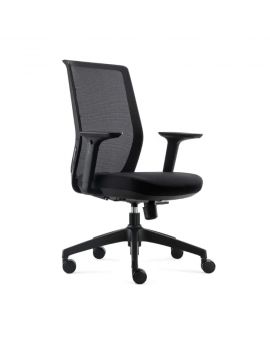 Zwarte bureaustoel met mesh rugleuning en gestoffeerde zitting. Met zwart kunststof onderstel