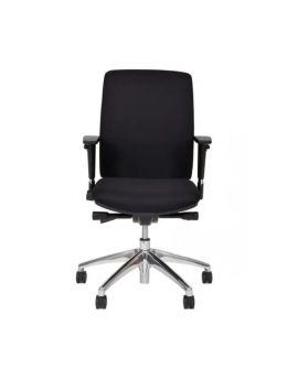 Ergonomische bureaustoel met zwart gestoffeerde rugleuning en zitting. Met aluminium gepolijst onderstel