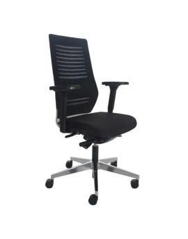 Zwarte bureaustoel met netwave rug en gestoffeerde zitting. Met aluminium gepolijst onderstel en kunststof armleggers